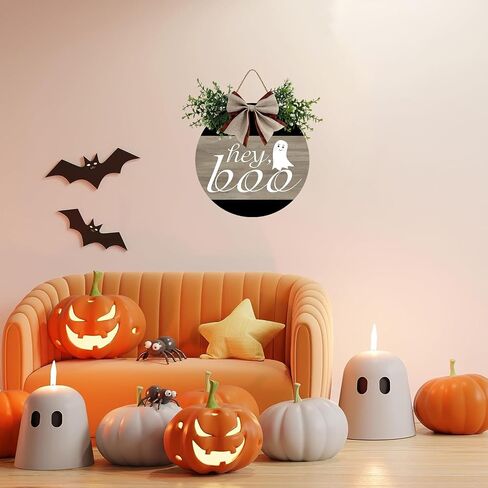 علامة Hey Boo Ghost الخشبية للباب الأمامي ريفي مستدير إكليل الجدار شماعات الشرفة ديكور المزرعة الديكور هدية الترحيب بالمنزل علامة خشبية معلقة 12 × 12 بوصة in Saudi Arabia