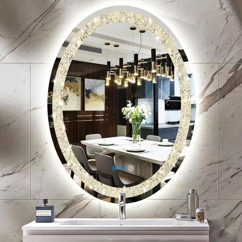 thekla 24 × 32 بوصة الحمام الكريستال البيضاوي مرآة الغرور مع أضواء 3 لون الكريستال البيضاوي مضاءة مرآة للحمام جدار البيضاوي مرآة LED عكس الضوء مكافحة الضباب الماس 32 كريستال الذكية البيضاوي تضيء مرآة in Saudi Arabia