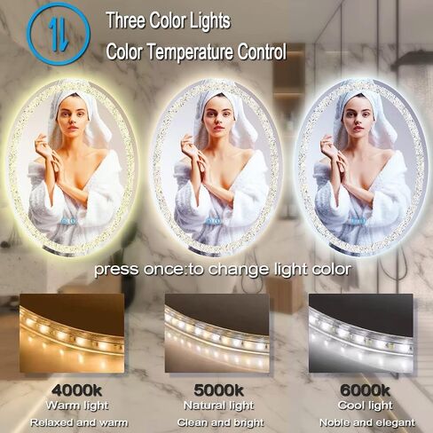 thekla 24 × 32 بوصة الحمام الكريستال البيضاوي مرآة الغرور مع أضواء 3 لون الكريستال البيضاوي مضاءة مرآة للحمام جدار البيضاوي مرآة LED عكس الضوء مكافحة الضباب الماس 32 كريستال الذكية البيضاوي تضيء مرآة in Saudi Arabia