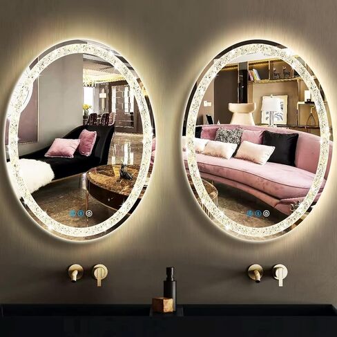 thekla 24 × 32 بوصة الحمام الكريستال البيضاوي مرآة الغرور مع أضواء 3 لون الكريستال البيضاوي مضاءة مرآة للحمام جدار البيضاوي مرآة LED عكس الضوء مكافحة الضباب الماس 32 كريستال الذكية البيضاوي تضيء مرآة in Saudi Arabia