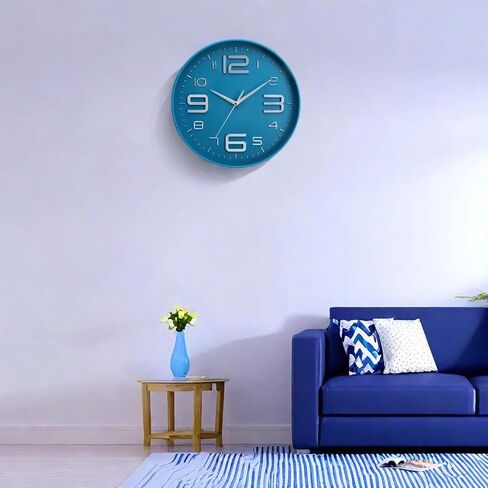 MOVEBEST 12 inch Silent and Non tick Battery Powered Quartz Round Wall Clock, Blue Modern Decorative Clock, Suitable for Home, Office, Bedroom (Blue) in Saudi Arabia