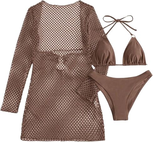 Women's 3 Piece Swimsuits Tie Back Halter Triangle Bathing Suit Bikini Sets with Hollow Out Cover Up in Saudi Arabia
