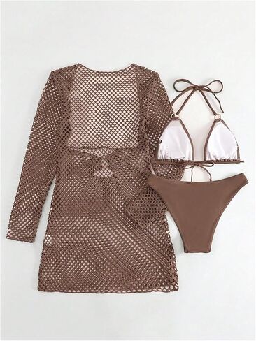 Women's 3 Piece Swimsuits Tie Back Halter Triangle Bathing Suit Bikini Sets with Hollow Out Cover Up in Saudi Arabia