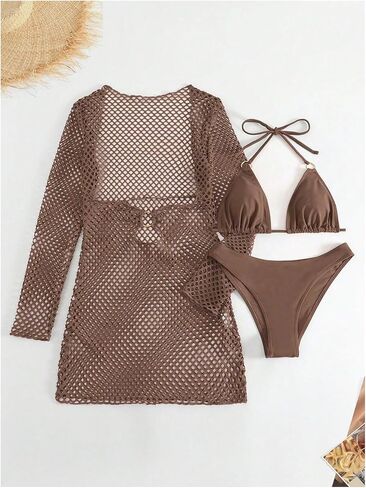 Women's 3 Piece Swimsuits Tie Back Halter Triangle Bathing Suit Bikini Sets with Hollow Out Cover Up in Saudi Arabia