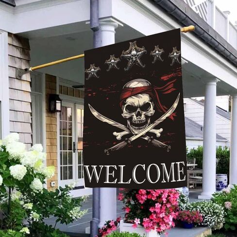 أعلام حديقة ترحيب القراصنة أعلام ساحة مزدوجة الجوانب جمجمة القراصنة مع عظام متقاطعة أعلام حديقة 12 × 18 بوصة للديكور الخارجي في الفناء in Kuwait