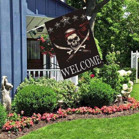 أعلام حديقة ترحيب القراصنة أعلام ساحة مزدوجة الجوانب جمجمة القراصنة مع عظام متقاطعة أعلام حديقة 12 × 18 بوصة للديكور الخارجي في الفناء in Kuwait
