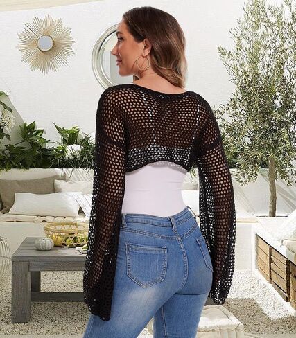 المرأة طويلة الأكمام Y2K المحاصيل القمم الجوف خارج الكروشيه تتغاضى بوليرو انظر من خلال فضفاض التستر شبكة السترة in Saudi Arabia