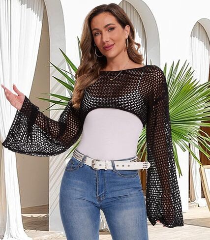 المرأة طويلة الأكمام Y2K المحاصيل القمم الجوف خارج الكروشيه تتغاضى بوليرو انظر من خلال فضفاض التستر شبكة السترة in Saudi Arabia