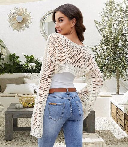 المرأة طويلة الأكمام Y2K المحاصيل القمم الجوف خارج الكروشيه تتغاضى بوليرو انظر من خلال فضفاض التستر شبكة السترة in Saudi Arabia