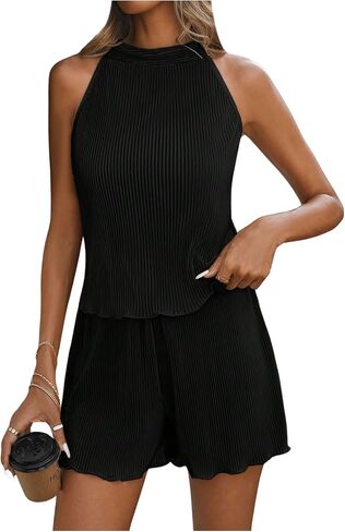 SweatyRocks Women's 2 Piece Outfits Lettuce Trim Pleated Sleeveless Halter Top and Shorts Set in Saudi Arabia