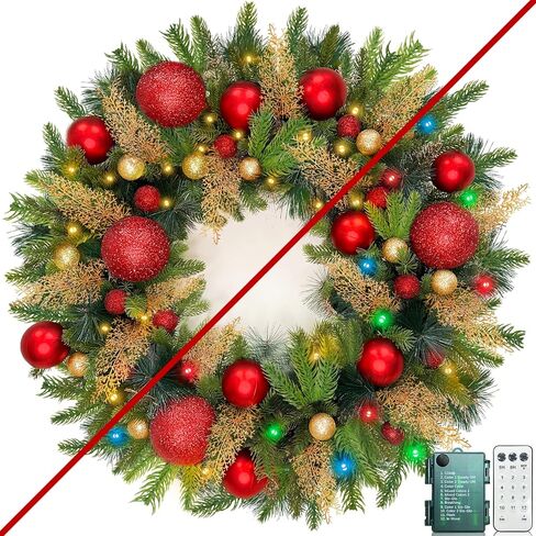 Dual Color Change&Remote Control&12 Mode-26 Inch Large Thick Prelit Christmas Wreath 50 Warm White&Color Lights Timer,Lifelike Tips 33 Ball 16 Pine Needles Cypress Leaves Double Frame Xmas Door Wreath in Saudi Arabia