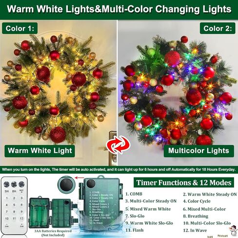Dual Color Change&Remote Control&12 Mode-26 Inch Large Thick Prelit Christmas Wreath 50 Warm White&Color Lights Timer,Lifelike Tips 33 Ball 16 Pine Needles Cypress Leaves Double Frame Xmas Door Wreath in Saudi Arabia