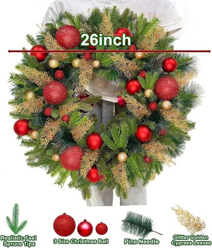 Dual Color Change&Remote Control&12 Mode-26 Inch Large Thick Prelit Christmas Wreath 50 Warm White&Color Lights Timer,Lifelike Tips 33 Ball 16 Pine Needles Cypress Leaves Double Frame Xmas Door Wreath in Saudi Arabia