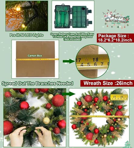 Dual Color Change&Remote Control&12 Mode-26 Inch Large Thick Prelit Christmas Wreath 50 Warm White&Color Lights Timer,Lifelike Tips 33 Ball 16 Pine Needles Cypress Leaves Double Frame Xmas Door Wreath in Saudi Arabia