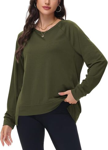 سويت شيرت نسائي طويل الأكمام كبير الحجم من Poetsky، قمصان كاجوال بياقة مستديرة عالية ومنخفضة وخفيفة الوزن in Kuwait