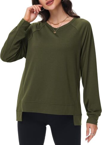 سويت شيرت نسائي طويل الأكمام كبير الحجم من Poetsky، قمصان كاجوال بياقة مستديرة عالية ومنخفضة وخفيفة الوزن in Kuwait