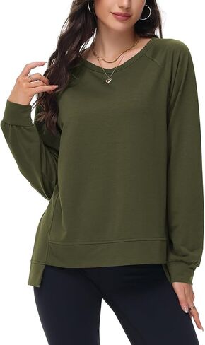 سويت شيرت نسائي طويل الأكمام كبير الحجم من Poetsky، قمصان كاجوال بياقة مستديرة عالية ومنخفضة وخفيفة الوزن in Kuwait