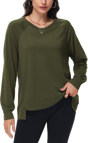 سويت شيرت نسائي طويل الأكمام كبير الحجم من Poetsky، قمصان كاجوال بياقة مستديرة عالية ومنخفضة وخفيفة الوزن in Kuwait