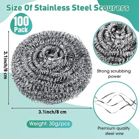 Roshtia 100 Pieces Stainless Steel Scouring Pad Bulk Metal Scrubber for Cleaning Dish 30 Gram Stainless Steel Sponge Round Steel Wool Scrubber Dish Scrubber for Cleaning Kitchen Bathroom Household in Saudi Arabia