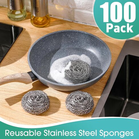Roshtia 100 Pieces Stainless Steel Scouring Pad Bulk Metal Scrubber for Cleaning Dish 30 Gram Stainless Steel Sponge Round Steel Wool Scrubber Dish Scrubber for Cleaning Kitchen Bathroom Household in Saudi Arabia