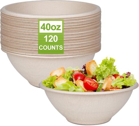 Large Paper Bowls, 40oz Compostable Bowls, 120 Pack Heavy Duty Disposable Bowls For Hot Soup, Salads,Cereals- Made from 100% Sugarcane Fiber in Saudi Arabia