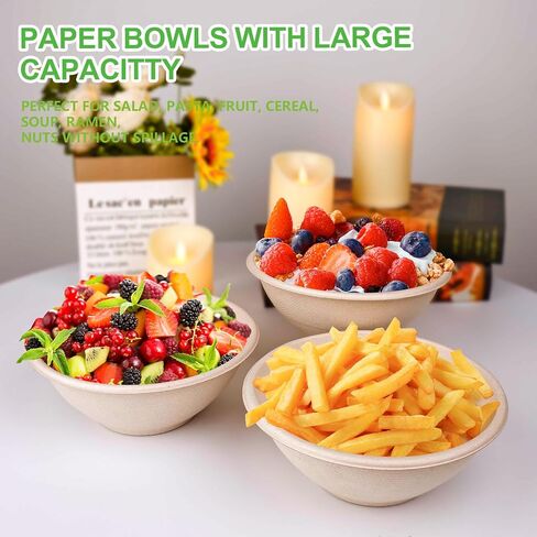 Large Paper Bowls, 40oz Compostable Bowls, 120 Pack Heavy Duty Disposable Bowls For Hot Soup, Salads,Cereals- Made from 100% Sugarcane Fiber in Saudi Arabia