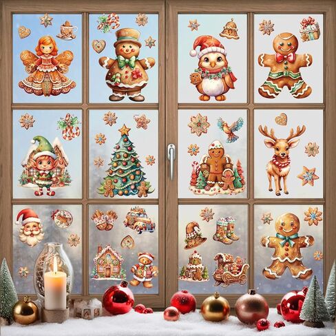 50 Pcs Christmas Window Clings,Christmas Decorations Christmas Stickers for Glass,Double Side Reusable Cute Winter Holiday Window Stickers,Gingerbread Man Snowflake Xmas Tree Decals for Party ﻿ ﻿ in Saudi Arabia