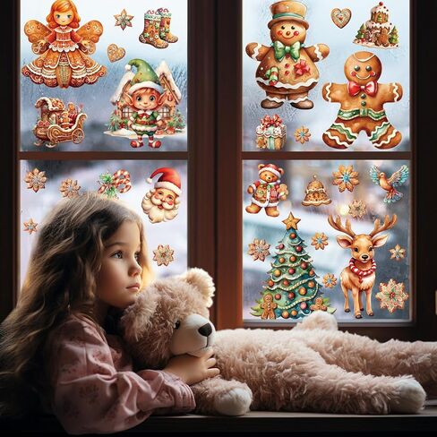 50 Pcs Christmas Window Clings,Christmas Decorations Christmas Stickers for Glass,Double Side Reusable Cute Winter Holiday Window Stickers,Gingerbread Man Snowflake Xmas Tree Decals for Party ﻿ ﻿ in Saudi Arabia