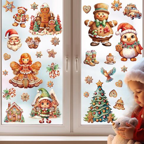 50 Pcs Christmas Window Clings,Christmas Decorations Christmas Stickers for Glass,Double Side Reusable Cute Winter Holiday Window Stickers,Gingerbread Man Snowflake Xmas Tree Decals for Party ﻿ ﻿ in Saudi Arabia