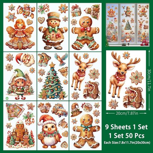 50 Pcs Christmas Window Clings,Christmas Decorations Christmas Stickers for Glass,Double Side Reusable Cute Winter Holiday Window Stickers,Gingerbread Man Snowflake Xmas Tree Decals for Party ﻿ ﻿ in Saudi Arabia