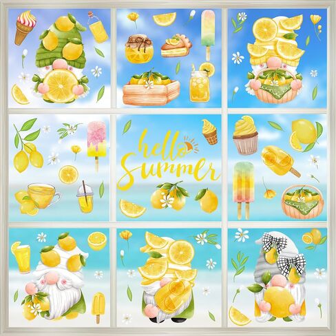 Summer Window Clings Stickers Lemon Gnome Window Decals Hello Summer Window Clings for Glass Windows Removable Double Sided Static PVC Glass Beach Pool Party Supplies Holiday Decoration (9 Sheets) in Saudi Arabia
