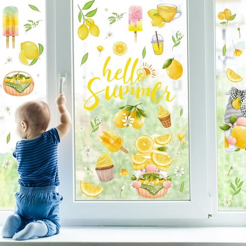 Summer Window Clings Stickers Lemon Gnome Window Decals Hello Summer Window Clings for Glass Windows Removable Double Sided Static PVC Glass Beach Pool Party Supplies Holiday Decoration (9 Sheets) in Saudi Arabia