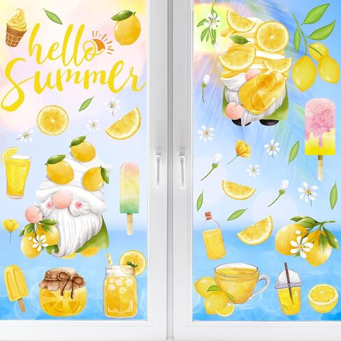 Summer Window Clings Stickers Lemon Gnome Window Decals Hello Summer Window Clings for Glass Windows Removable Double Sided Static PVC Glass Beach Pool Party Supplies Holiday Decoration (9 Sheets) in Saudi Arabia