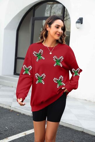 LUKYCILD كنزات عيد الميلاد للنساء سترة كريسماس مطرزة بالترتر سباركلي لطيف سانتا كم طويل بلوفر بياقة دائرية in Saudi Arabia