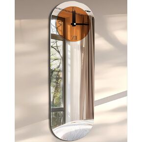 Art Deco Wall Clock: 39.3x12.6 inch Oval Decorative Mirrored Clock with Brown and Silver Glass Mirror Beveled Edge Frame, Luxury Modern Home Decoration for Livingroom Entryway