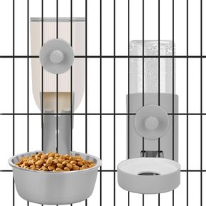 Hanging Cage Automatic Small Pet Food Bowl Water Bottle Dispenser, Detachable Auto Gravity 1.2L Self-Feeding Feeder and 0.52L Waterer Set Kennel Feeding Station for Puppy Cats Rabbit (Blue)