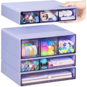 Desk Storage Organizer with 9 Drawers, FODIENS 4 Tiers Stackable Desktop Craft Storage Drawers, Clear Storage Box Caddy for Stationary Makeup Jewelry Office Craft Supplies (White)