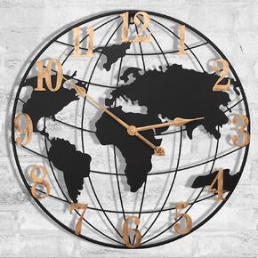 Large World Map Wall Clock, 24 Inch Big Metal Outdoor Clock Silent Battery Operated, Retro Decorative Clock for Farmhouse, Dinner, Living Room, Pool Area, Patio (Black - Bronze Arabic)