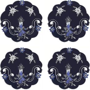 GRANDDECO Holiday Christmas Placemat 14" Set of 4, Cutwork Embroidered Floral Christmas Blue Candles Dresser Scarf Table Topper for Home Dining Xmas Tabletop Decoration