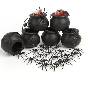 FOIMAS Mini Black Cauldron,6pcs Halloween Plastic Candy Kettle Bucket with 50pcs Spiders Decor for Halloween Trick or Treat Party Favor Home Decoration Supply