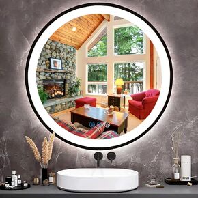 32 Inch Black Frame Round LED Bathroom Mirror with Lights 32 Inch Black Circle Lighted Vanity Mirrors for Bathroom Wall Anti Fog 3 Color Dimmable Makeup Bathroom Smart Round Vanity Mirrors