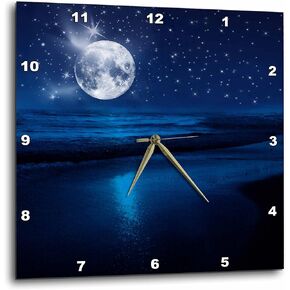 3dRose DPP_79424_3 Full Moon Shining in A Starry Sky on The Beach Where The Ocean Meets Land.-Wall Clock, 15 by 15-Inch
