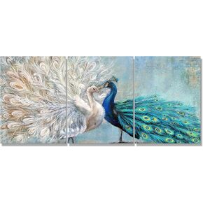 sechars 3 Piece Peacock Canvas Wall Art Vintage Blue and White Peacock Feather Painting Picture Artwork for Home Living Room Bedroom Decor Ready to Hang