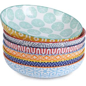 Selamica Porcelain 26 Ounce Pasta Bowls Set of 6, 8 inch Wide and Shallow Salad Bowls, Serving Bowls, Microwave & Dishwasher Safe, Sturdy & Stackable, Vintage Blue