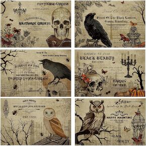 Umigy 6 Pcs Halloween Placemats 12"x18" Gothic Bat Placemats Kitchen Decoration Washable Witch Placemats Rectangle Skull Table Mats for Halloween Dining Table Accessories (Scary)