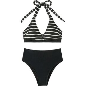 SweatyRocks Women's 2 Piece Bathing Suit Striped Print Halter Back High Waist Bikini Swimsuit