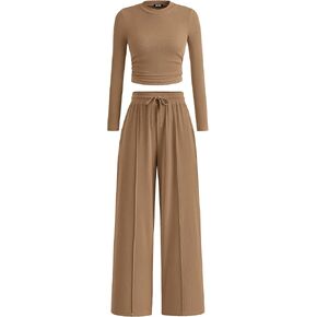 BTFBM Casual 2 Piece Sets For Women Fall Outfits Ribbed Knit Long Sleeve Crop Top Wide Leg Pants Matching Lounge Set