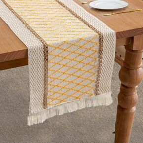 duduta Orange Geometric Macrame Table Runner with Tassels, 72 inches Long Rustic Boho Dresser Runner Fall Decor