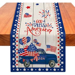 4th of July God Bless America Truck Table Runner 72 Inches Long, Patriotic Memorial Day American Flag Stars Table Runner, Independence Day Rustic Dining Room Table Decor for Kitchen Home Party