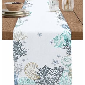 Marine Table Runner,Watercolor Ocean Seaweed Coral Sea Shells Starfish Table Runners White Dresser Scarves for Home Dining Room Kitchen Holiday Party Tables Decor - 13x90in